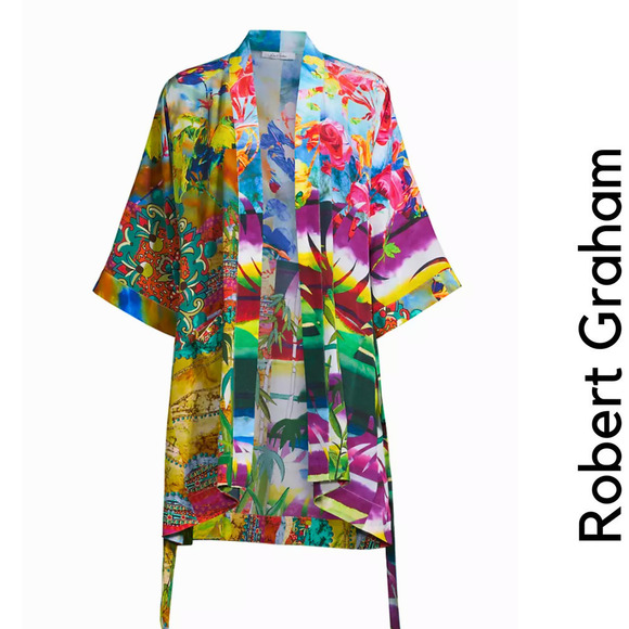 Robert Graham Silk-Blend Jamie Collage Floral Print Kimono or Houserobe L-XL - Picture 1 of 14